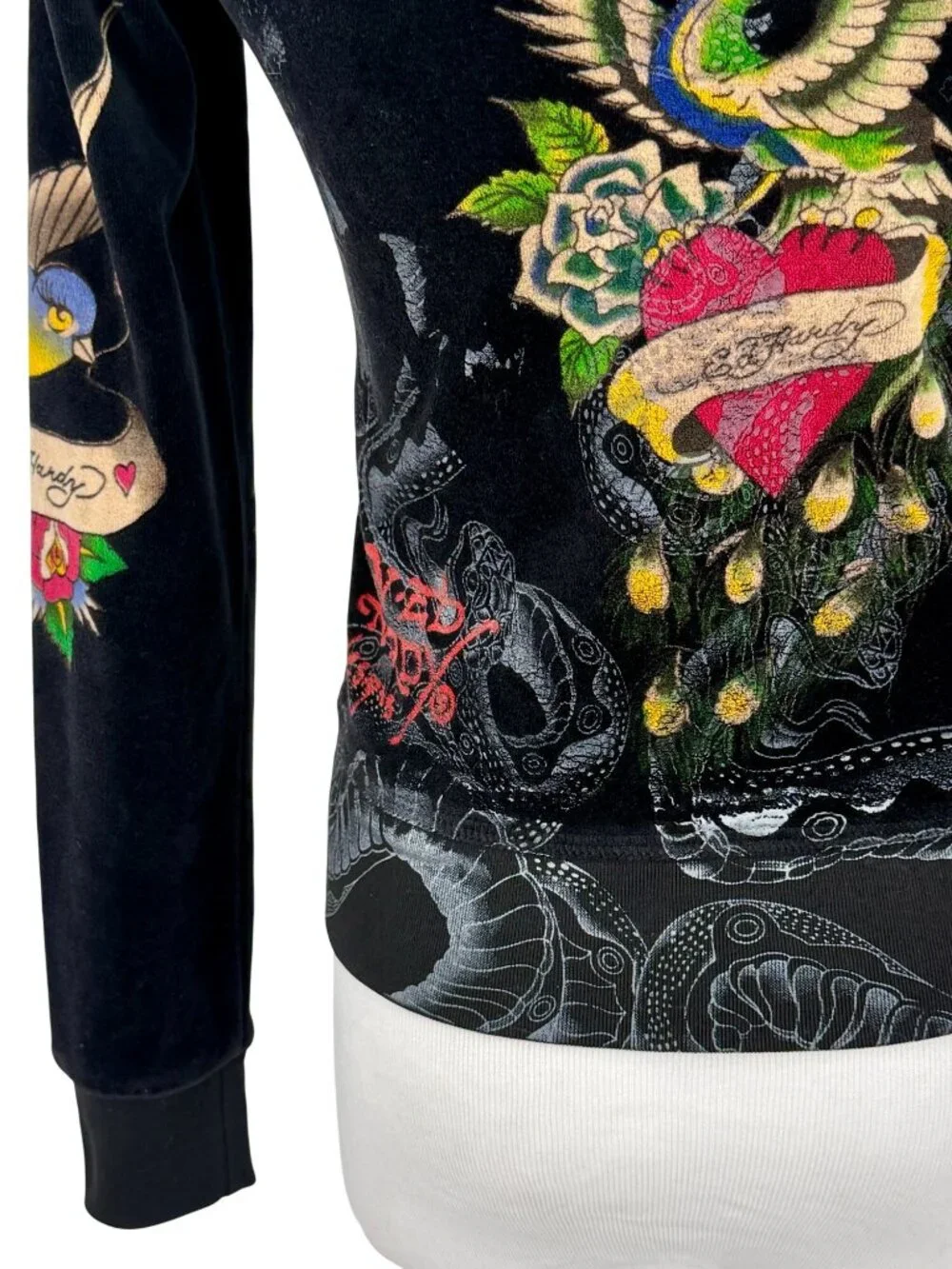VTG Ed Hardy Black Velour Zip Up Tattoo Hoodie | McBling Indie Sleaze Trashy Y2K - Picture 14 of 16
